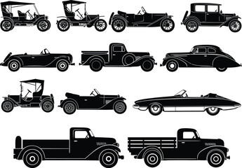Collection of vintage automobile silhouettes showcasing diverse classic car designs from different eras of automotive history