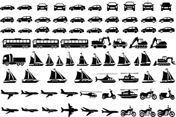 Collection of silhouetted transportation icons including cars buses boats airplanes helicopters and motorcycles