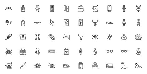 Luxury Lifestyle icon set. Premium vector symbols. Includes Bucket, Parfume, Diamond, Gold ingot, Hand bag, Wristwatch, Vip card, Credit card, Ring and more.