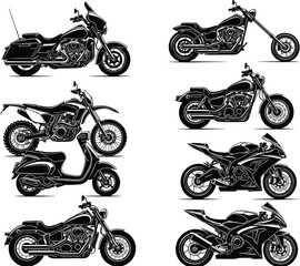 Collection of diverse motorcycle styles including cruisers touring bikes dirt bikes scooters and sport bikes in a black and white illustration