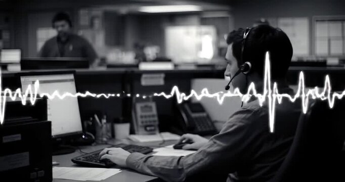 Focused emergency services operator on duty, diligently managing incoming 911 calls in a critical communication center, with a visible soundwave indicating active audio engagement.
