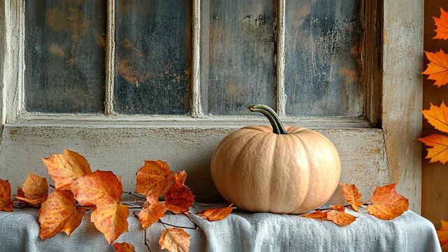 A still life of a pumpkin and autumn leaves on a window sill.