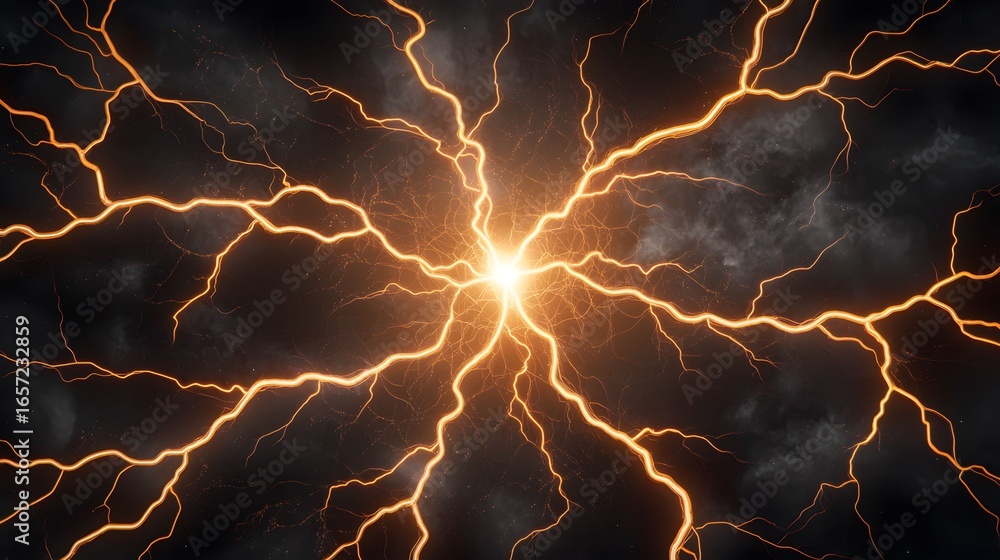 Poster an image shows a burst of bright orange energy with multiple lightning-like branches emanating outwa