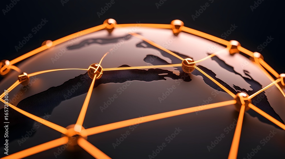 Aufkleber a stylized representation of a globe overlaid with a network of nodes and lines, illuminated in gold