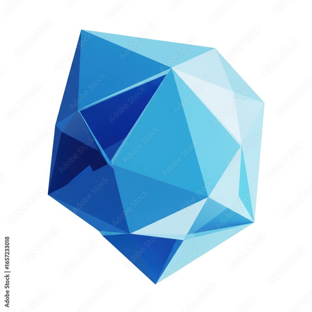 Poster a geometric polyhedron in shades of blue, showcasing sharp angles and facets, creating a modern and 