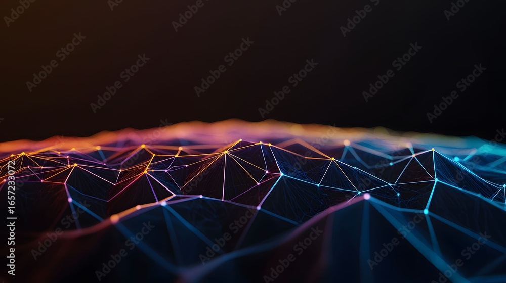 Poster a futuristic abstract background presents a glowing network of interconnected lines and nodes, showc