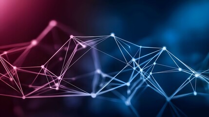 The image contains a network of interconnected nodes and lines, with a gradient of colors shifting from a dark pink/red to a deep blue, creating a technological or scientific feel.