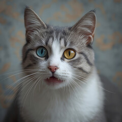 Fototapeta premium a close-up portrait of a domestic cat with a unique eye colour, perhaps heterochromia, where one eye is a bright shade of blue and the other is a warm golden yellow, set against a blurred background 