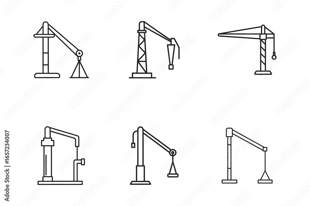 Poster construction crane icons set in outline style minimalist design for building and industrial projects