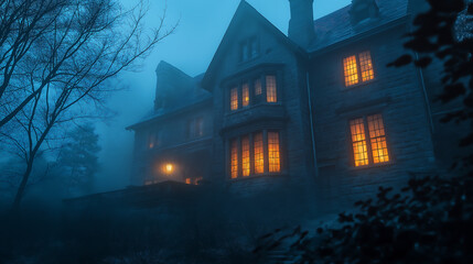 Spooky haunted house at night with glowing windows halloween background