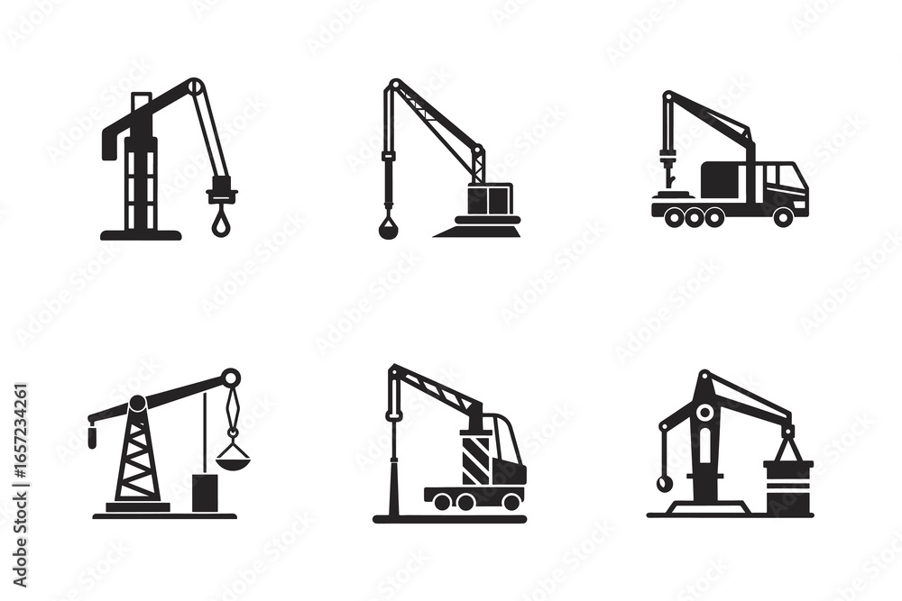 Poster Construction Cranes Silhouette Vector Icons Set Representing Different Types of Lifting Equipment for Building Projects and Infrastructure Development