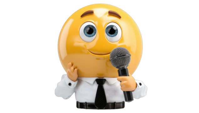 Smiling yellow emoji in business attire holding microphone
