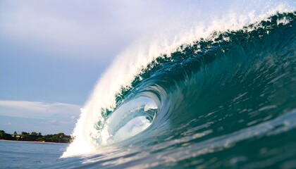 Powerful ocean wave curls dramatically over itself, showcasing a deep teal hue and a dynamic crest.