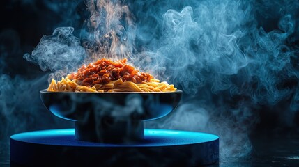 Steaming pasta dish with rich tomato sauce.