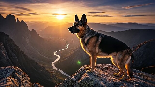 Majestic German Shepherd on Mountain Peak at Sunset
