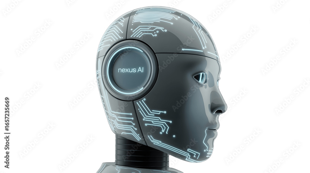 Poster futuristic robot head with glowing circuit patterns and advanced design.