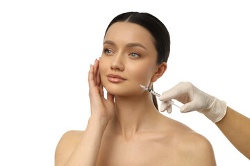 Model receives cosmetic filler treatment, isolated on white, PNG