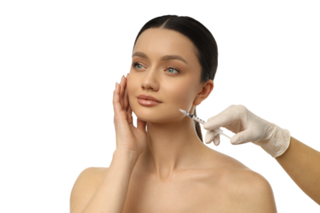 Model receives cosmetic filler treatment, isolated on white, PNG