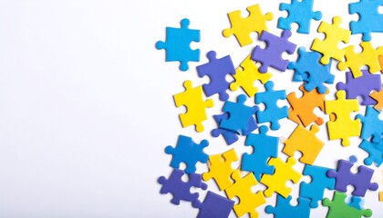 Colorful puzzle pieces scattered on a white surface, showcasing a vibrant array of hues.