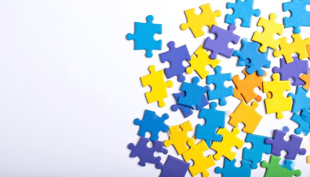 Colorful puzzle pieces scattered on a white surface, showcasing a vibrant array of hues.