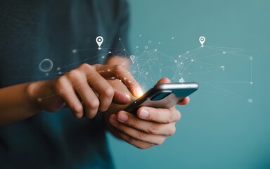 Person uses cellphone. Technology, network connections, GPS, digital communication concept. For design, marketing, advertising, editorial, web.