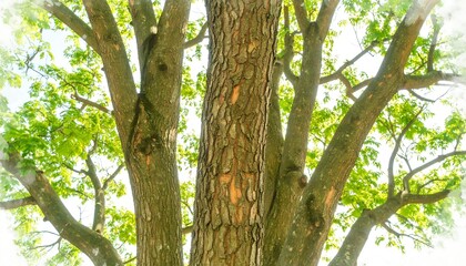 Fototapeta premium Lush green foliage surrounds a large tree trunk.