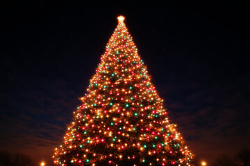 A large outdoor Christmas tree brilliantly illuminated with colorful festive lights against a dark night sky
