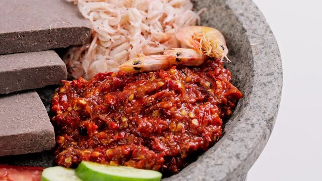 Homemade Sambal Terasi, Traditional Spicy Indonesian Chili Paste with Shrimp Paste and Fresh Red Chili
