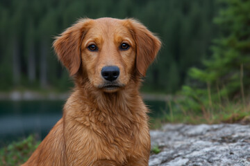 Beautiful wet Golden Retriever dog sitting by a lake in a forest