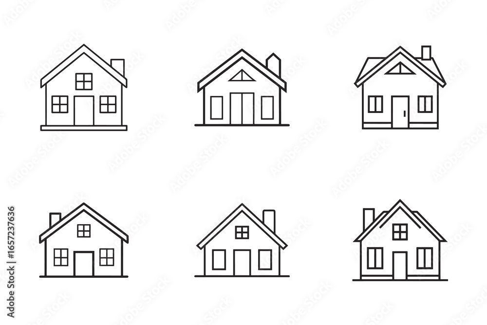 Poster house icon set in simple line style featuring various architectural designs and residential building