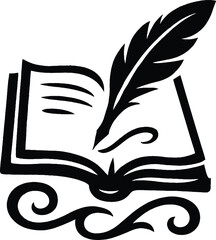 Enchanted Chronicle: Deep Black Quill Magic Book Vector | Halloween Spellbook Writing Feather Pen Mystical Grimoire Illustration