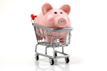 Decorative piggy bank inside a shopping cart, isolated on the white glossy background.