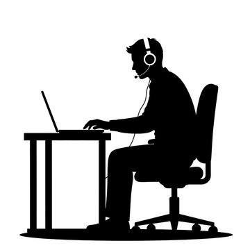 recommend clip art: Man working on laptop silhouette at desk wearing headset focused professional high quality professional