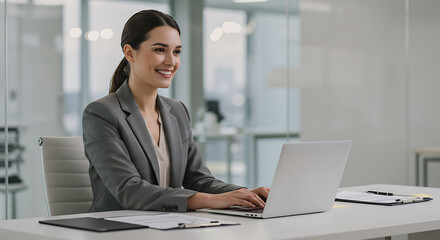 Fototapeta premium A smiling businesswoman in the office, AI correction enhances lighting while keeping small blemishes and imperfections visible