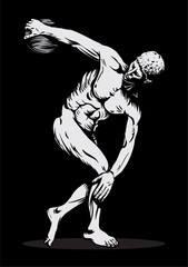 Fototapeta premium Vector illustration of classical Greek athlete throwing discus – ancient sculpture style, black and white background art