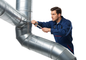 A mechanic in blue overalls uses a wrench to fix metal pipes on white or transparent background