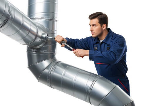 A mechanic in blue overalls uses a wrench to fix metal pipes on white or transparent background