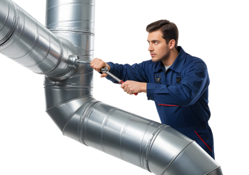 A mechanic in blue overalls uses a wrench to fix metal pipes on white or transparent background