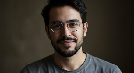 Obraz premium Natural portrait of a man wearing glasses, AI correction balances tones while preserving skin shine and natural asymmetry