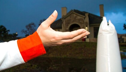 Person's hand reaching toward a large, white bag.