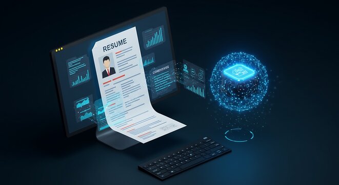 Digital resume on computer screen with data analytics and ai network visualization