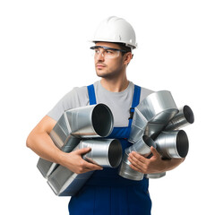 A worker with a hardhat and safety glasses holds metal pipes on white or transparent background