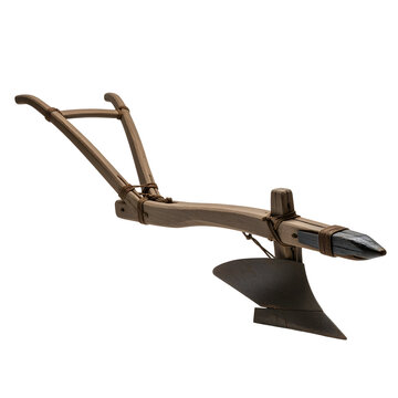 An old wooden scratch plow with a dark metal tip viewed on white or transparent background