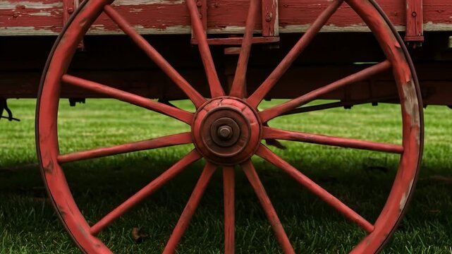 Vintage red wagon wheel close up transportation equipment structure