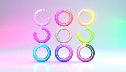 A collection of vibrant, colorful, 3D rendered rings, each with a distinct, partial filling, creating a captivating, modern design element.
