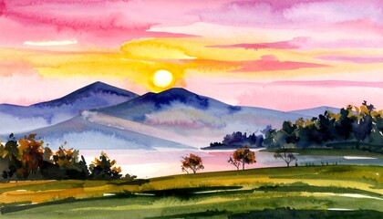 A serene watercolor landscape depicts a tranquil sunrise over a tranquil lake and mountains, showcasing soft hues of pink, yellow, and blue.