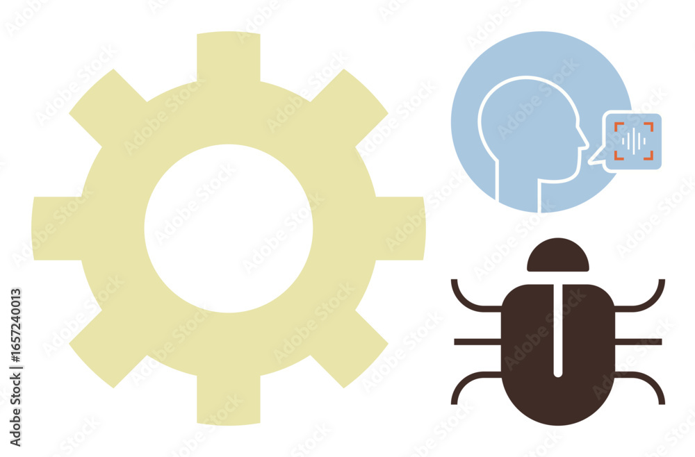 Poster large gear beside speech recognition profile icon and bug graphic symbolizing technology, communicat