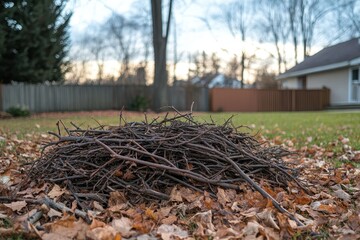 Obraz premium A pile of brown branches rests on dry leaves in a suburban yard. Illustrates fall cleanup, yard work, or prepping for colder weather.