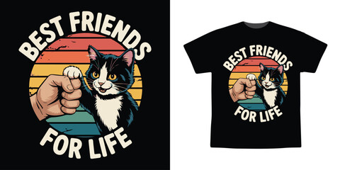 Naklejka premium Best Friends for Life Cat and Human Fist Bump Vintage Sunset T-Shirt Vector Design