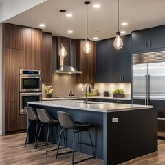 Modern kitchen with dark cabinets island and stainless steel appliances